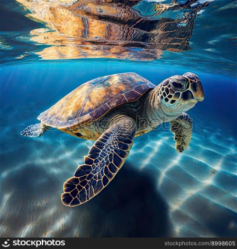 Sea turtle in crystal clear water. Amazing crystalline seabed. Reef full of life. Blue color. Generative AI 