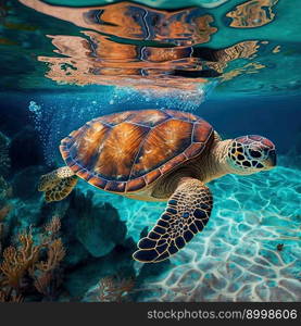 Sea turtle in crystal clear water. Amazing crystalline seabed. Reef full of life. Blue color. Generative AI 