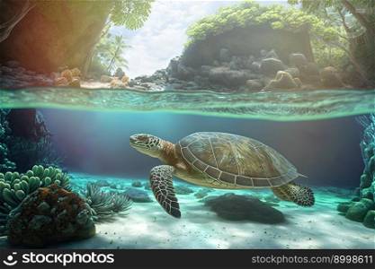 Sea turtle in crystal clear water. Amazing crystalline seabed. Reef full of life. Blue color. Generative AI 
