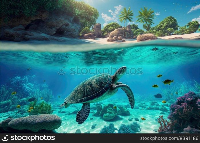 Sea turtle in crystal clear water. Crystalline seabed. Reef full of life. Generative AI