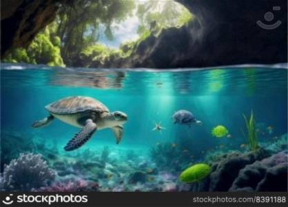 Sea turtle in crystal clear water. Crystalline seabed. Reef full of life. Generative AI