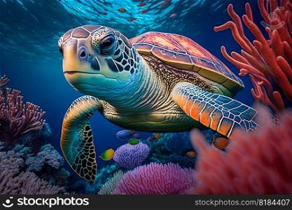 Sea turtle swimming in the under sea , Beautiful Underwater and colorfull coral in wild nature of the Pacific Ocean , Generate Ai