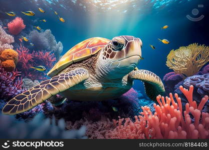 Sea turtle swimming in the under sea , Beautiful Underwater and colorfull coral in wild nature of the Pacific Ocean , Generate Ai