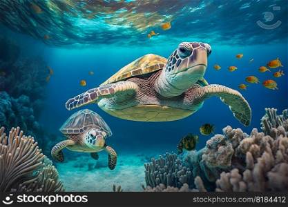 Sea turtle swimming in the under sea , Beautiful Underwater and colorfull coral in wild nature of the Pacific Ocean , Generate Ai