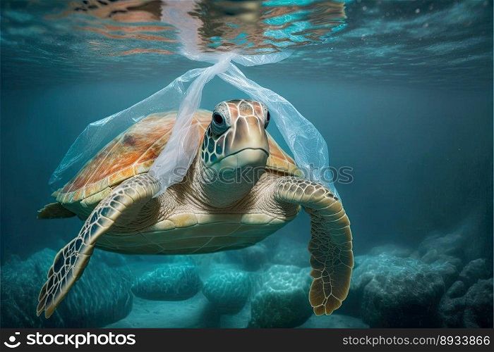 Sea turtle swimming with plastic bag. Underwater animals harm made by garbage in water. Tortoise stuck in plastic bag, ecological catastrophe. Generative AI