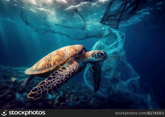 Sea turtle swims near the ocean floor, surrounded by coral and other marine creatures. The image showcases the beauty of the natural world and the importance of preserving it. AI Generative. 