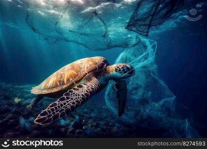 Sea turtle swims near the ocean floor, surrounded by coral and other marine creatures. The image showcases the beauty of the natural world and the importance of preserving it. AI Generative. 