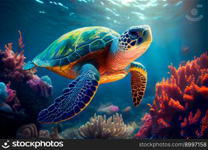 Sea turtle swims under water.  Generative AI 