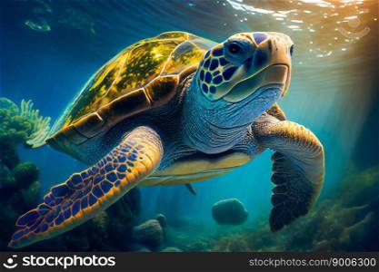 Sea turtle swims under water.  Generative AI 