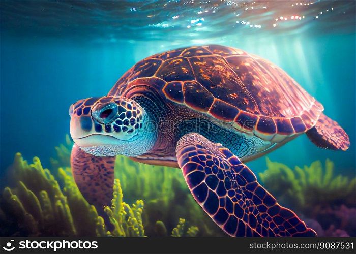 Sea turtle swims under water.  Generative AI
