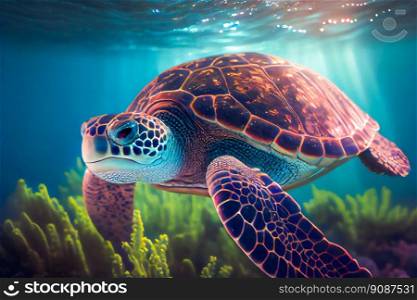 Sea turtle swims under water.  Generative AI
