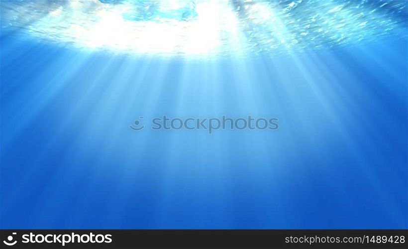 Sea Underwater light beautiful veil of sunlight. ocean waves underwater movement and flow with the rays.Beam shining from deep clear blue water causing a beautiful water lighting reflections.