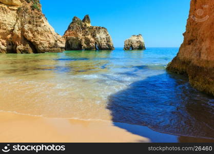 Sea view from sandy beach Dos Tres Irmaos (Portimao, Alvor, Algarve, Portugal).