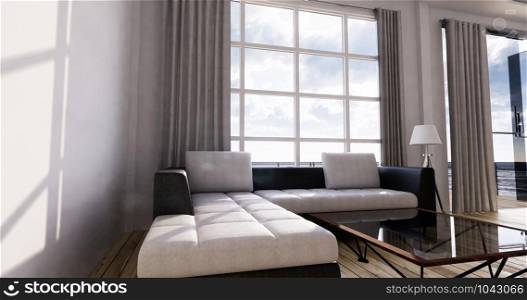 Sea view living room in modern beach summer home. 3D rendering