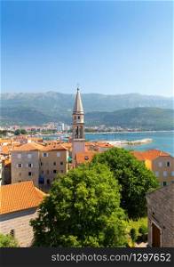 Sea view of old buildings in old town in Budva, Montenegro