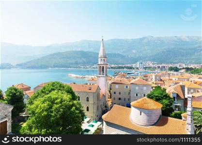 Sea view of old buildings in old town in Budva, Montenegro, Europe