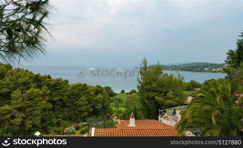 Sea view on a beautiful island of Skiathos in Greece, summer day in June