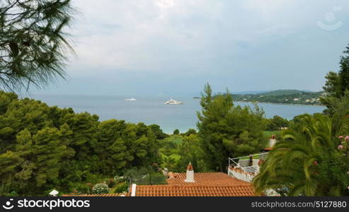 Sea view on a beautiful island of Skiathos in Greece, summer day in June