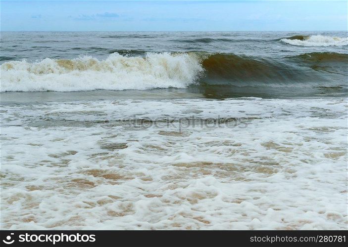 sea wave rolls on the sand, sandy coast of the Baltic sea. sea wave rolls on the sand