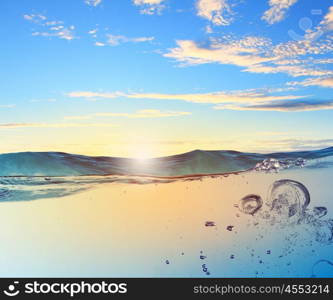 Sea wave with bubbles. Sky and sea water wave with bubbles illustration