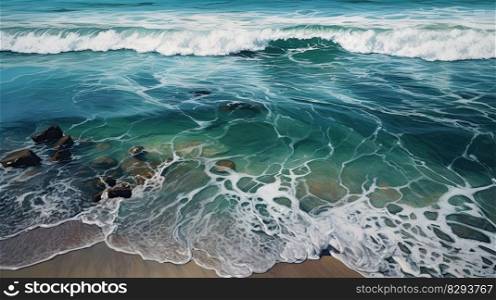 Sea waves breaking on the shore. Stunning blue colors on the seashore. Generative AI