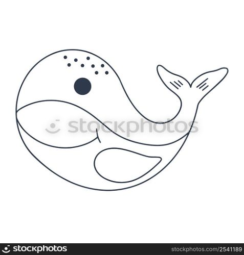 Sea whale baby character vector illustration. Outline cute ocean fish smiling. Underwater animal doodle coloring book isolated object. Sea whale baby character vector illustration