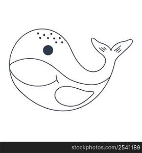 Sea whale baby character vector illustration. Outline cute ocean fish smiling. Underwater animal doodle coloring book isolated object. Sea whale baby character vector illustration