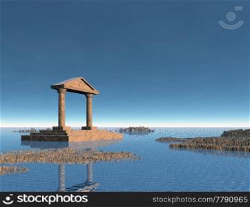 Sea with rocky islands and an ancient stone building. 3d illustration