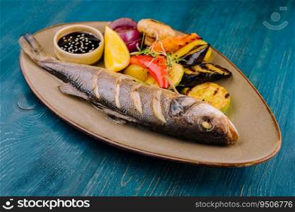 Seabass baked with grilled vegetables on plate
