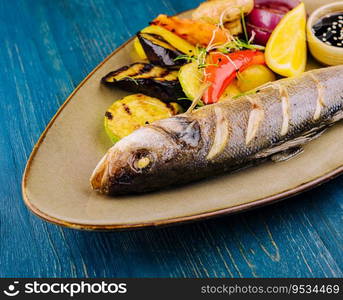 Seabass baked with grilled vegetables on plate