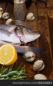 Seabass. Two Seabass silver raw fish with shellfish and spices on wooden table