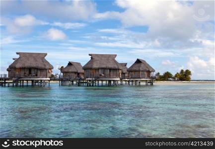 seacoast with palm trees and small houses on water.