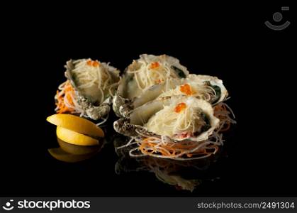 seafood and mussels in a shell with melted cheese and lemon slices on a black background with reflection. mussels in a shell with salad on a dark background. seafood on a black background