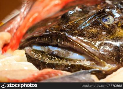 Seafood. Anglerfish on Fish Market in Bergen. Norway
