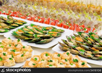 seafood cold snacks on buffet table, catering