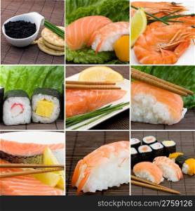 seafood collage. collage photo of seafood, sushi, salmon and shrimps