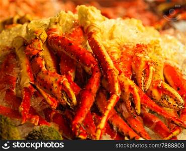 Seafood. Crabs at famous fish market (Fisketorget) in Bergen, Norway Europe. Food background