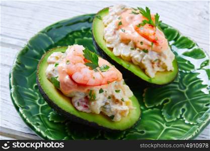 Seafood filled avocado with shrimps tapas pinchos from Spain food recipes