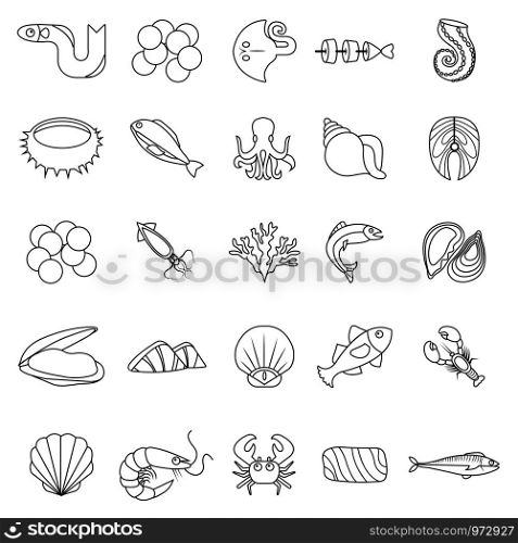 Seafood fish ocean icons set. Outline illustration of 25 seafood fish ocean vector icons for web. Seafood fish ocean icons set, outline style