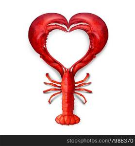 Seafood Love concept as a boiled lobster shaped as a heart symbol as a metaphor for fresh sea food from the ocean or promoting a fish dinner or marketing a restaurant menu.
