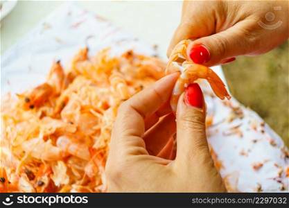 Seafood, ocean food. Female hands peeling raw fresh shrimps. Preparing for cooking prawn.. Hand peeling raw fresh shrimp.