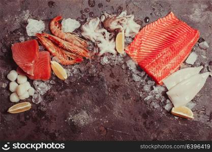 Seafood on the ice, border top view with empty space for text. Seafood on the ice