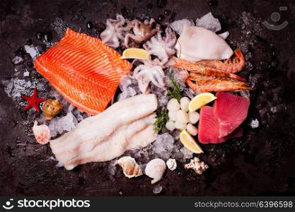 Seafood on the ice. Seafood on the ice, top view on the brown stone background