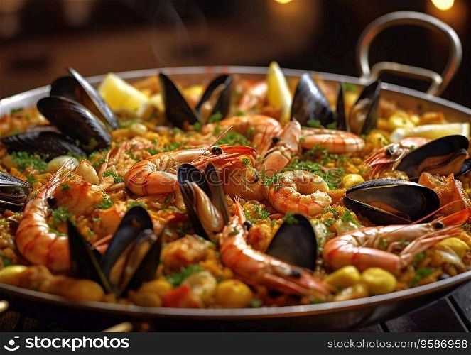 Seafood paella with shrimps,prawns,mussels in pan.AI Generative.