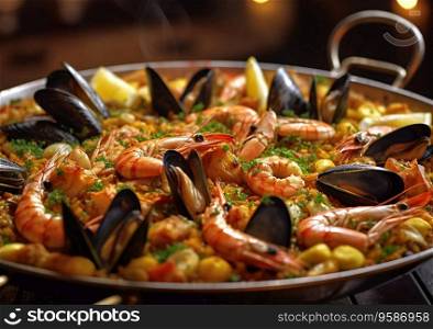 Seafood paella with shrimps,prawns,mussels in pan.AI Generative.
