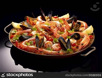 Seafood paella with shrimps,prawns,mussels in pan on black background.AI Generative.