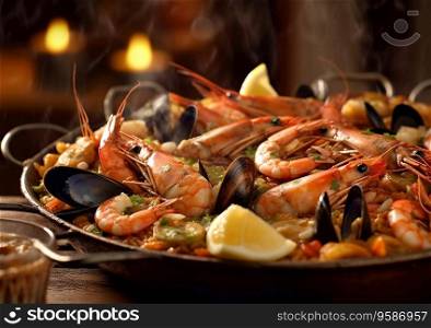 Seafood paella with shrimps,prawns,mussels in pan on wooden table.AI Generative.