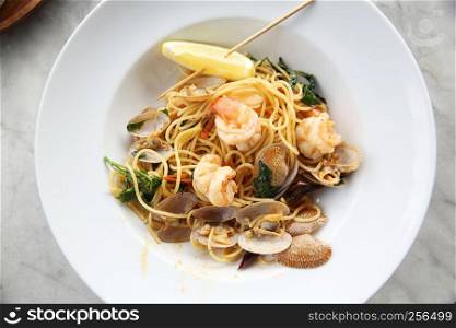 Seafood pasta Spaghetti with Clams, Prawns, Italian food