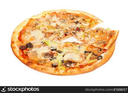 seafood pizza closeup with salmon, shrimps, tomato, pepper, olive and mozzarella cheese on a white background