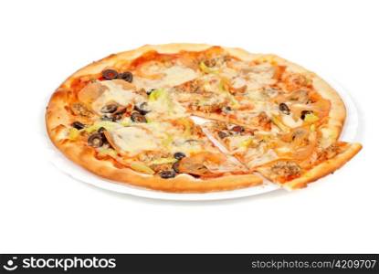seafood pizza closeup with salmon, shrimps, tomato, pepper, olive and mozzarella cheese on a white background